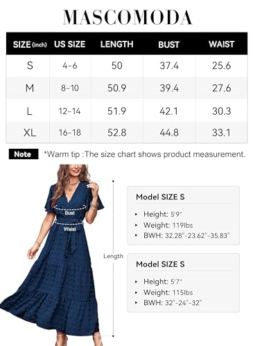 MASCOMODA Dresses for Women 2024 Short Flutter Sleeve Tiered Maxi Dress Swiss Dot Solid V Neck Wedding Guest Dress with Belt(Navy,Medium)