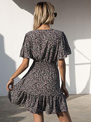 PRETTYGARDEN Women's Summer Boho Dress Casual Short Sleeve Tie V Neck Ruffle Floral Print Mini Skater Dresses (Black Red,Small)