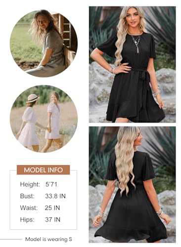 Dokotoo Womens Summer Dresses for Women 2024 Short Sleeve Casual Round Neck Waist Tie Ruffle A-Line Ladies Elegant Solid Color Swing Mini Chiffon Belted Dress Black Small