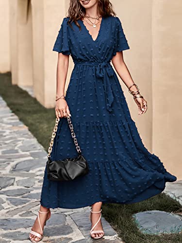 MASCOMODA Dresses for Women 2024 Short Flutter Sleeve Tiered Maxi Dress Swiss Dot Solid V Neck Wedding Guest Dress with Belt(Navy,Medium)