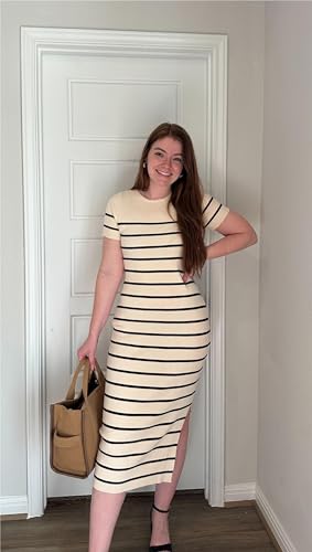 ZESICA Women's Summer Bodycon Midi Dress 2024 Striped Short Sleeve Ribbed Knit Slim Fit Side Slit T Shirt Dresses,Apricot,Small