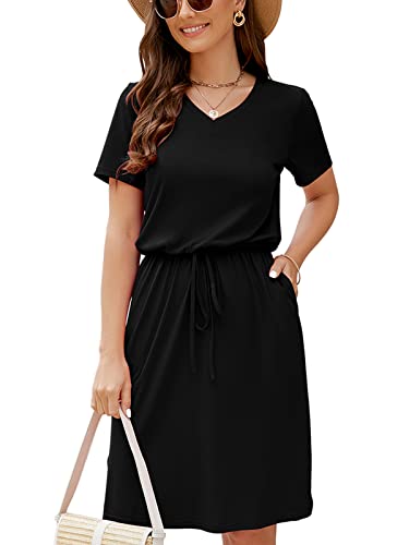 HUSKARY 2024 Women's Summer Casual Midi Dresses Short Sleeve V Neck Adjustable Waistline Drawstring Knee Length T Shirt Dress with Splits and Pockets Black