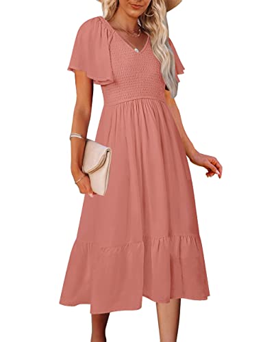 MEROKEETY Women's Summer Flutter Short Sleeve Smocked Midi Dress Flowy Tiered A Line Beach Dress, Tearose, M