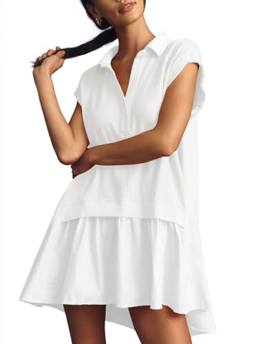 Fisoew Womens Summer Sweatshirt Dresses Short Sleeve V Neck Casual Oversized Patchwork Mini Dress White