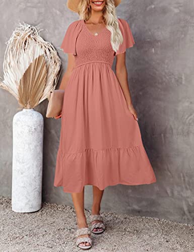 MEROKEETY Women's Summer Flutter Short Sleeve Smocked Midi Dress Flowy Tiered A Line Beach Dress, Tearose, M
