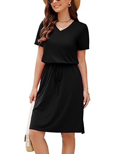HUSKARY 2024 Women's Summer Casual Midi Dresses Short Sleeve V Neck Adjustable Waistline Drawstring Knee Length T Shirt Dress with Splits and Pockets Black