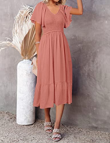MEROKEETY Women's Summer Flutter Short Sleeve Smocked Midi Dress Flowy Tiered A Line Beach Dress, Tearose, M