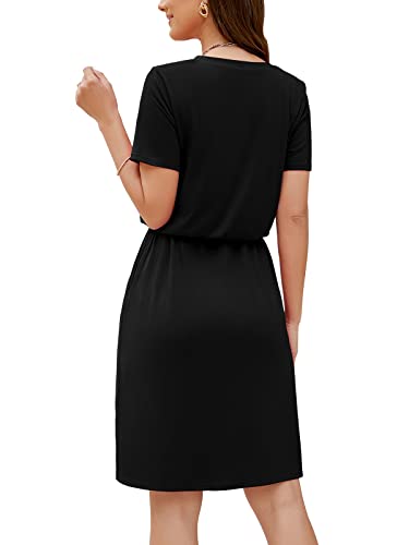 HUSKARY 2024 Women's Summer Casual Midi Dresses Short Sleeve V Neck Adjustable Waistline Drawstring Knee Length T Shirt Dress with Splits and Pockets Black