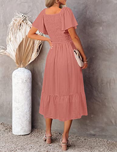 MEROKEETY Women's Summer Flutter Short Sleeve Smocked Midi Dress Flowy Tiered A Line Beach Dress, Tearose, M