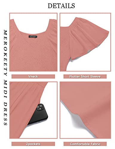 MEROKEETY Women's Summer Flutter Short Sleeve Smocked Midi Dress Flowy Tiered A Line Beach Dress, Tearose, M