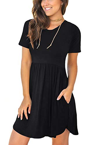 LONGYUAN Womens Casual Short Sleeve Dresses Loose Comfy Swing Sundress with Pockets Black Medium