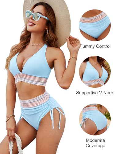 Blooming Jelly Womens High Waisted Bikini Sets Tummy Control Bathing Suit Two Piece Color Block Swimsuit (XL, Blue)