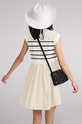 Womens Dresses Striped Knit Top Pleated Loose Swing Mini Short Sleeve Dress 2024 Trendy