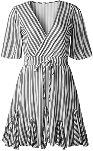 PRETTYGARDEN Women's Casual Summer Striped Dress Short Sleeve Wrap V Neck Ruffle Hem Mini Skater Dresses (Grey,Medium)