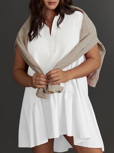 Fisoew Womens Summer Sweatshirt Dresses Short Sleeve V Neck Casual Oversized Patchwork Mini Dress White