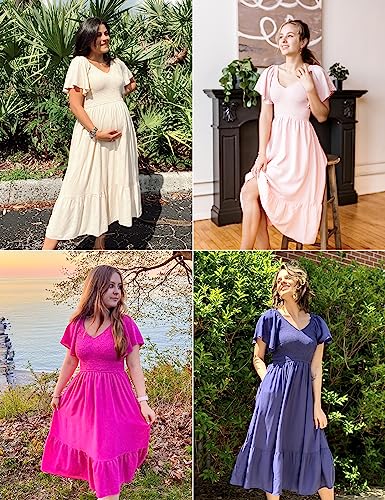 MEROKEETY Women's Summer Flutter Short Sleeve Smocked Midi Dress Flowy Tiered A Line Beach Dress, Tearose, M