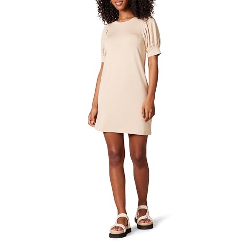 Amazon Essentials Women's Supersoft Terry Relaxed-Fit Short-Sleeve Puff-Sleeve Dress (Previously Daily Ritual), Beige, Small
