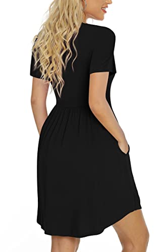 LONGYUAN Womens Casual Short Sleeve Dresses Loose Comfy Swing Sundress with Pockets Black Medium
