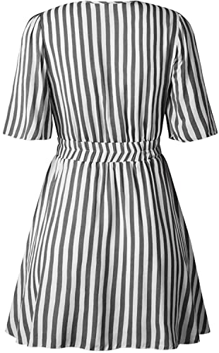 PRETTYGARDEN Women's Casual Summer Striped Dress Short Sleeve Wrap V Neck Ruffle Hem Mini Skater Dresses (Grey,Medium)