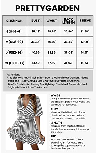 PRETTYGARDEN Women's Casual Summer Striped Dress Short Sleeve Wrap V Neck Ruffle Hem Mini Skater Dresses (Grey,Medium)
