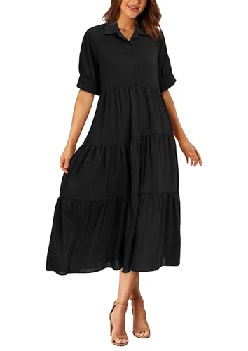PRETTYGARDEN Summer Dress for Women Short Sleeve Button Up Ruffle A Line Flowy Maxi Dresses (Solid Black,Small)