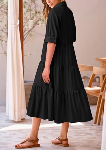 PRETTYGARDEN Summer Dress for Women Short Sleeve Button Up Ruffle A Line Flowy Maxi Dresses (Solid Black,Small)
