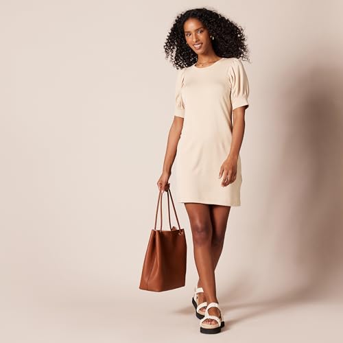 Amazon Essentials Women's Supersoft Terry Relaxed-Fit Short-Sleeve Puff-Sleeve Dress (Previously Daily Ritual), Beige, Small