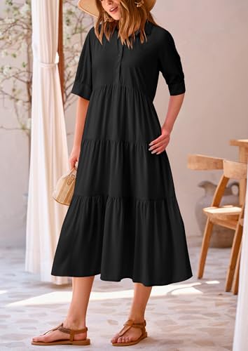PRETTYGARDEN Summer Dress for Women Short Sleeve Button Up Ruffle A Line Flowy Maxi Dresses (Solid Black,Small)