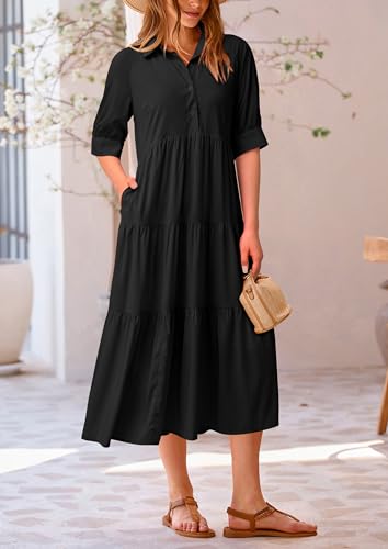 PRETTYGARDEN Summer Dress for Women Short Sleeve Button Up Ruffle A Line Flowy Maxi Dresses (Solid Black,Small)