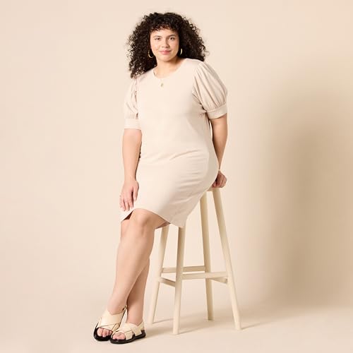 Amazon Essentials Women's Supersoft Terry Relaxed-Fit Short-Sleeve Puff-Sleeve Dress (Previously Daily Ritual), Beige, Small