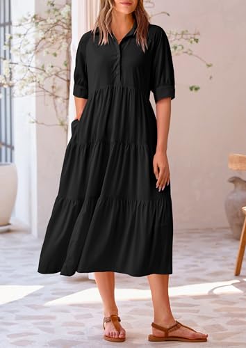 PRETTYGARDEN Summer Dress for Women Short Sleeve Button Up Ruffle A Line Flowy Maxi Dresses (Solid Black,Small)