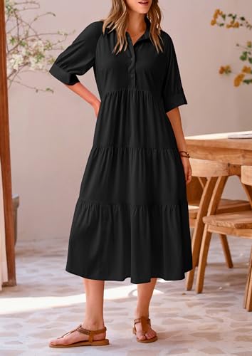 PRETTYGARDEN Summer Dress for Women Short Sleeve Button Up Ruffle A Line Flowy Maxi Dresses (Solid Black,Small)