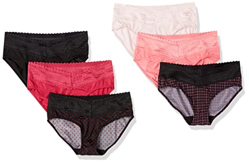 Warner's Blissful Benefits Womens No Muffin Tailored 6-Pack Hipster, Pale Pink/Lady Bug Dot/Black/Flamingo Pink/Miami Pink Octagon/Vivacious, X-Large