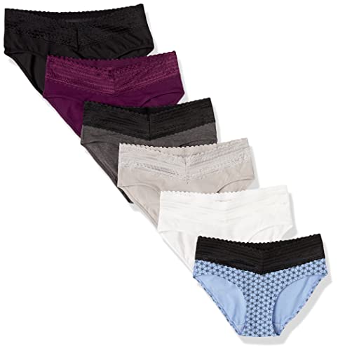 Warner's womens Blissful Benefits Dig-free Comfort Waist With Lace Cotton 6-pack Ru2266w Hipster Panties, Dark Grey Heather/Black/Black Plumberry/White/Platinum/Winter Lavender Holiday Print, Large US