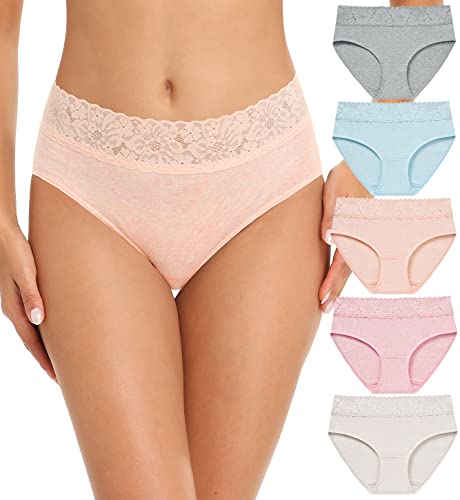 RHYFF Womens Underwear Cotton Hipster Panties Lace Soft Bikini Panty Ladies Stretch Full Briefs 5 Pack S-XL(R6004L-Light)