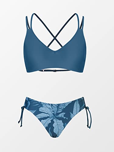 CUPSHE Women Swimsuit Bikini Set Two Piece Bathing Suit Criss Cross Back Strappy Side with Double Spaghetti Straps, M Aegean Blue