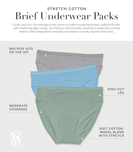 Victoria's Secret Stretch Cotton High Leg Brief Panty Pack, Underwear for Women, 5 Pack, Core Basics (L)