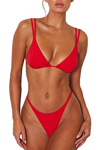Women's High Cut Thong Bikini Low Triangle Swimsuit Padded Swimwear Adjustable Strap Sexy 2PCS Beachwear Red L