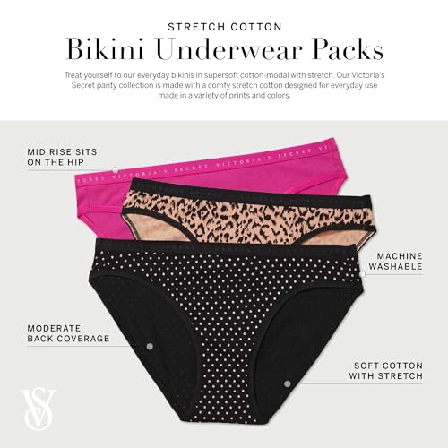 Victoria's Secret Stretch Cotton Bikini Panty Pack, Underwear for Women, 5 Pack, Love Club (M)