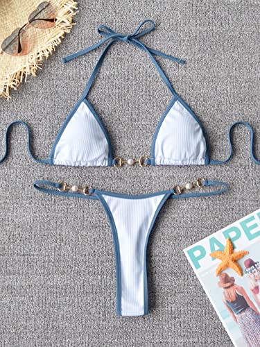 TASHEHE Women's Triangle Thong Bikini Set Sexy String Brazillian Two Piece Swimsuit Cute Bathing Suit - White - Small