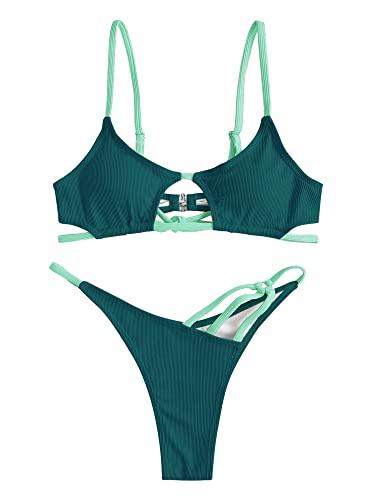 ZAFUL Women's Sexy Cutout Bikini Thong Bikini Set Color Block Swimsuit Tie Back Two Piece Swimsuit Bathing Suit (2-A-Deep Green,M)