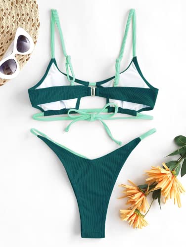ZAFUL Women's Sexy Cutout Bikini Thong Bikini Set Color Block Swimsuit Tie Back Two Piece Swimsuit Bathing Suit (2-A-Deep Green,M)