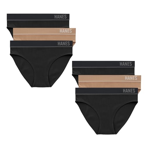 Hanes Women's Originals Seamless Stretch Rib Bikini Panties Pack, Assorted Colors, 6-Pack, 4 Black/2 Deep Glow