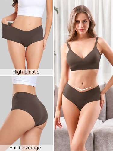 GNEPH Women's Seamless High Waisted Full Coverage Cheeky Panties No-Show Bikini Underwear for Women Comfortable and Stylish Seamless Hipster Underwear 6PACK(G855M-Coffee)