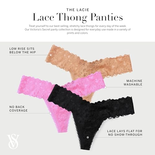 Victoria's Secret Lace Thong Panty Pack, Lay Flat Lace, Underwear for Women, 7 Pack, Neutral Mix (M)
