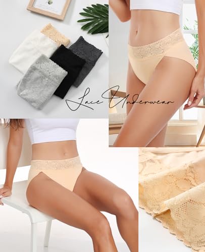 RHYFF Womens Underwear Cotton Bikini Panties High Cut Lace Panty Stretch Soft Hipster Underpants Breathable Ladies Briefs S-XXL(R3168S-Nude)