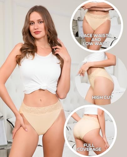 RHYFF Womens Underwear Cotton Bikini Panties High Cut Lace Panty Stretch Soft Hipster Underpants Breathable Ladies Briefs S-XXL(R3168S-Nude)