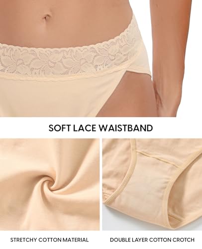 RHYFF Womens Underwear Cotton Bikini Panties High Cut Lace Panty Stretch Soft Hipster Underpants Breathable Ladies Briefs S-XXL(R3168S-Nude)