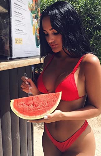Women's High Cut Thong Bikini Low Triangle Swimsuit Padded Swimwear Adjustable Strap Sexy 2PCS Beachwear Red L