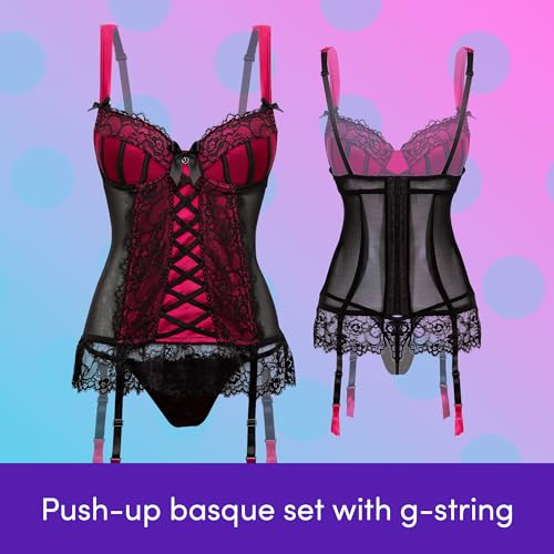 Lovehoney Boudoir Belle Cherry Satin Push Up Basque Styled Corset Lingerie For Women – Sexy Black Bustier Top with G String & Garter Straps - Small: 2-4